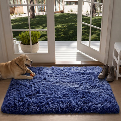 Oxford Homeware Shaggy Rug Anti-Slip Washable Soft Fluffy Living Room And Bedroom Rug (Navy, 50X80Cm) - image 1
