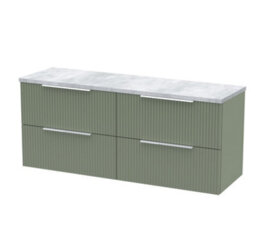 Hudson Reed Fluted Wall Hung 4-Drawer Vanity Unit & Bellato Grey Laminate Worktop, Counter Top Vanity Unit In Satin Green, 1200mm