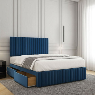 REGIONAL FURNISHINGS Blue Plush Velvet Divan Bed Set With 24Inch Headboard & Footboard & Mattress No Drawers In 3Ft 4Ft 4Ft6 5Ft 6Ft Sizes - image 1