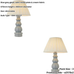 Loops 2 Pack Blue Grey Glaze & Satin Nickel Plate Table Lamp - Cream Fabric - 675mm Tall Light - thumbnail 2