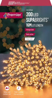 Premier Decorations Limited 200 Led Supabrights Vintage Gold Multi-Action 16M Lit Length Clear Cable - image 1