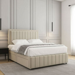 REGIONAL FURNISHINGS Cream Plush Velvet Divan Bed Set Upholstered 24Inch Headboard & Footboard & Mattress No Drawers In 3Ft 4Ft 4Ft6 5Ft 6Ft Sizes - thumbnail 2
