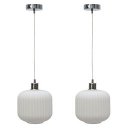 First Choice Lighting Set Of 2 Bento - White Ribbed Glass With Chrome Pendant Fittings