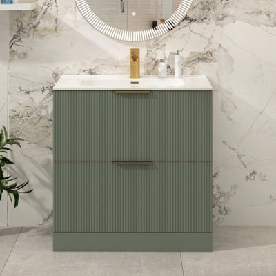 Royal Bathrooms Evora 800mm Sage Green Fluted Floor Standing Bathroom Vanity Unit 2 Drawer Cabinet With Ceramic Basin & Brushed Brass Handles - image 1