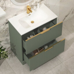 Royal Bathrooms Evora 800mm Sage Green Fluted Floor Standing Bathroom Vanity Unit 2 Drawer Cabinet With Ceramic Basin & Brushed Brass Handles - thumbnail 5