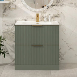 Royal Bathrooms Evora 800mm Sage Green Fluted Floor Standing Bathroom Vanity Unit 2 Drawer Cabinet With Ceramic Basin & Brushed Brass Handles