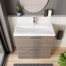 Balterley Contemporary Bathroom Floor Standing 2-Drawer Vanity Unit & Mid-Edge Ceramic Basin, Solace Oak, 800 mm - thumbnail 3