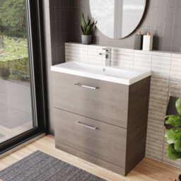 Balterley Contemporary Bathroom Floor Standing 2-Drawer Vanity Unit & Mid-Edge Ceramic Basin, Solace Oak, 800 mm - thumbnail 4