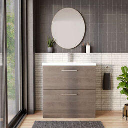 Balterley Contemporary Bathroom Floor Standing 2-Drawer Vanity Unit & Mid-Edge Ceramic Basin, Solace Oak, 800 mm - thumbnail 2