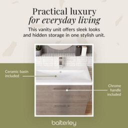 Balterley Contemporary Bathroom Floor Standing 2-Drawer Vanity Unit & Mid-Edge Ceramic Basin, Solace Oak, 800 mm - thumbnail 7