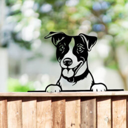 Betley Butterfly Peeking Jack Russell Dog Fence Topper Black Metal Silhouette Garden Decoration - Mild Steel - Black Powder Coated - 22.5Cm X 32Cm
