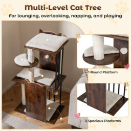 Costway 112 Cm Tall Cat Tree Vertical Wooden Cat Tower For Indoor Cats-Brown - thumbnail 5