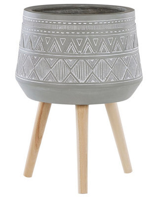 Beliani Boho Tall Round Plant Stand Light Grey Magnesium With Beechwood Base, W44 X D44 X H61Cm - image 1