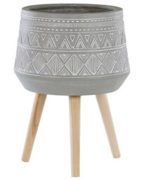 Beliani Boho Tall Round Plant Stand Light Grey Magnesium With Beechwood Base, W44 X D44 X H61Cm - thumbnail 1