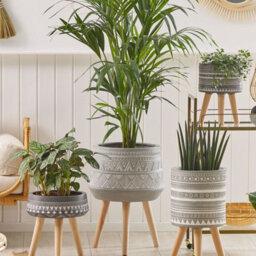 Beliani Boho Tall Round Plant Stand Light Grey Magnesium With Beechwood Base, W44 X D44 X H61Cm - thumbnail 2