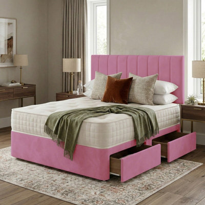 Adore Designs Portland Plush Velvet Divan Bed, Headboard - 4Ft Small Double - Pink - 2 Drawers Same Side - image 1
