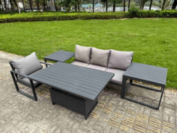 Fimous Aluminium Garden Furniture Set 5 Piece Aluminium Lounge Seating Set With Cushions 2 Side Tables Dark Grey