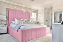 UKBEDFURNITURE Geneva Pink Plush Valvet Upholstered Bed Frame Only- Blackboard - 60 Inch Headboard - thumbnail 1