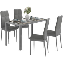 5-Piece Kitchen Dining Set Glass Top Table 4 Pu Leather Chairs Dinette, Grey - thumbnail 1