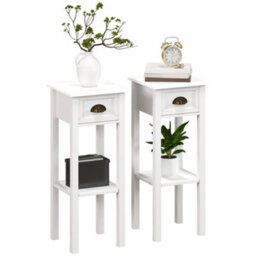 Homcom 2-Tier Side Tables Set Of 2 With Drawer Shelf For Living Room, White - thumbnail 2