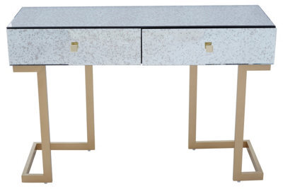Orsina Stylish Brass Finish Console Table, Livingroom Table With Two Drawers, Lounge Table With Antique Mirror Top - image 1