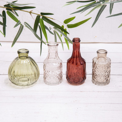 Annibells 4 Vintage Glass Patterned Bud Vases Green Crimson (15639)