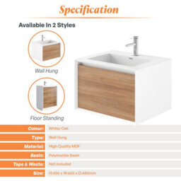 Plum&clay Declan White & Oak Wall Mounted Vanity Unit With Integrated Basin (W)600mm (H)400mm - thumbnail 4