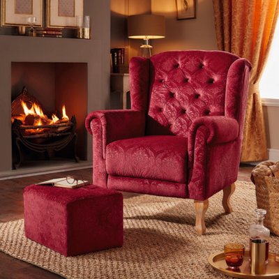 Burgundy Velvet Wingback Armchair With Free Footstool High Seat Comfort, Button Back, Easy Assembly H100 X W81 X D78Cm
