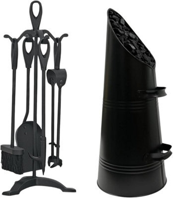 Trendi Black Coal Log Fire Ash Scuttle Hod + Shovel With 5 Piece Cast Iron Loop Design Companion Set - image 1