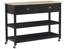 Wyld And Coco Nordic Kitchen Trolley Black Frame Light Rubberwood Top 2 Drawers 2 Shelves. - thumbnail 3