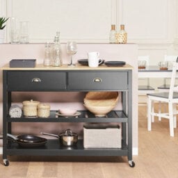 Wyld And Coco Nordic Kitchen Trolley Black Frame Light Rubberwood Top 2 Drawers 2 Shelves. - thumbnail 2