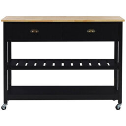 Wyld And Coco Nordic Kitchen Trolley Black Frame Light Rubberwood Top 2 Drawers 2 Shelves. - thumbnail 1