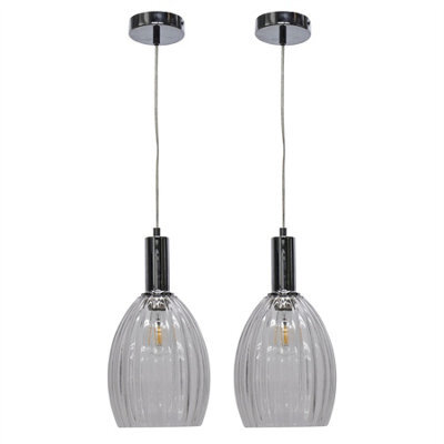 First Choice Lighting Set Of 2 Birch - Clear Fluted Glass Chrome Deco Pendant Fittings - image 1