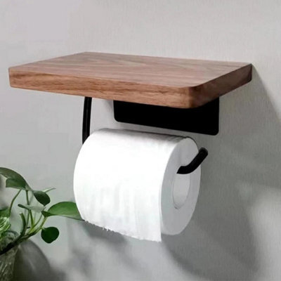 Toilet Paper Holder With Natural Wooden Shelf Tissue Roll Hanger Wall Mounted - image 1