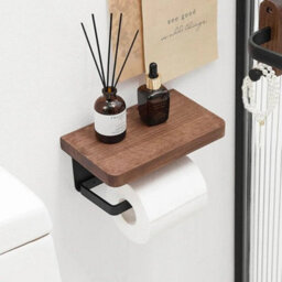 Toilet Paper Holder With Natural Wooden Shelf Tissue Roll Hanger Wall Mounted - thumbnail 4