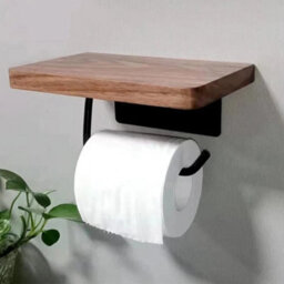 Toilet Paper Holder With Natural Wooden Shelf Tissue Roll Hanger Wall Mounted - thumbnail 1