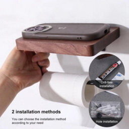 Toilet Paper Holder With Natural Wooden Shelf Tissue Roll Hanger Wall Mounted - thumbnail 3