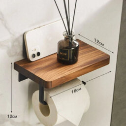 Toilet Paper Holder With Natural Wooden Shelf Tissue Roll Hanger Wall Mounted - thumbnail 2