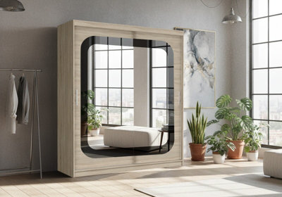 Fhif Camal 180Cm Oak Sliding Door Wardrobe Modern Bedroom Storage With Full Length Mirror Shelves And Hanging Rails - image 1
