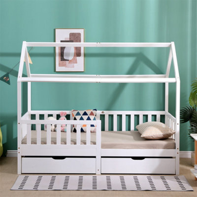 1001 Furniturehmd Wooden Kids Bed Frame,solid Pine Wood,3 Ft Single House Bed Frame,chidren Floor Bed With Two Drawers - image 1