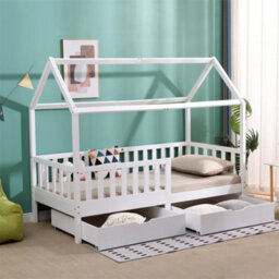 1001 Furniturehmd Wooden Kids Bed Frame,solid Pine Wood,3 Ft Single House Bed Frame,chidren Floor Bed With Two Drawers - thumbnail 3