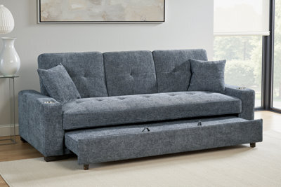 3 Seater Sofa Bed In Pale Blue Chenille Fabric Sofabed - image 1