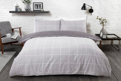 Smart Living Luxury Reversible Polycotton Easy Care Bedding Quilt Cover, Textured Duvet Cover Set, Bed Covers - Grid Check - image 1