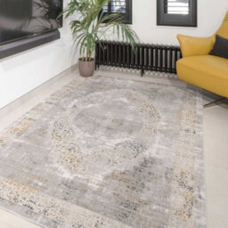 Loomed Grey Gold Metallic Traditional Medallion Distressed Living Area Rug 60X110Cm