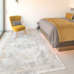 Loomed Grey Gold Metallic Traditional Medallion Distressed Living Area Rug 60X110Cm - thumbnail 2