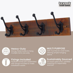 Keypak Rustic Wall-Mounted Coat Rack Heavy-Duty, 54 Cm Wooden Board With Iron Black Coat Hooks For Jackets, Hats - thumbnail 2