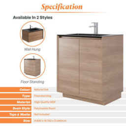 Plum&clay Matterhorn Oak Floor Standing Bathroom Vanity Unit With Black Basin (W)750mm (H)850mm - thumbnail 5