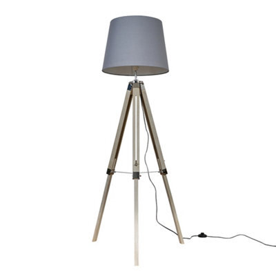 Valuelights Clipper Distressed Wood And Silver Chrome Tripod Floor Lamp With Grey Tapered Light Shade With 6W Led Gls Bulb - image 1