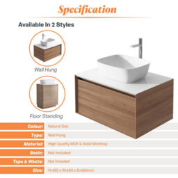 Plum&clay Matterhorn Oak Wall Hung Bathroom Vanity Unit With White Countertop (W)600mm (H)450mm - thumbnail 4