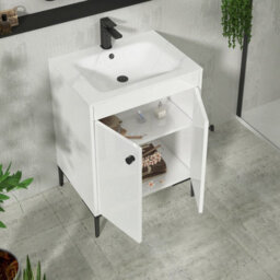 Royal Bathrooms Verona 600mm Gloss White Floor Standing Vanity Unit 2 Door With Carrara White Basin & Matt Black Knob - thumbnail 5